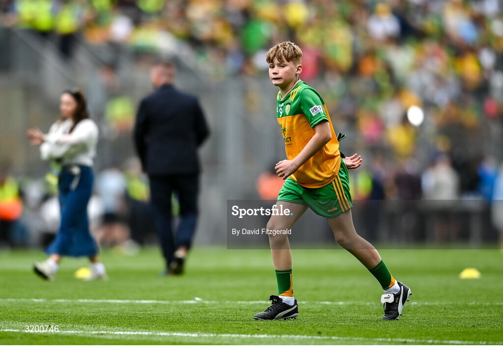 27 July 2025; Luke Mallon, St Patrick's PS, Maghera, Derry, representing Donegal during the GAA INTO Cumann na mBunscol Respect Exhibition Go Games at the GAA Football All-Ireland Senior Championship final match between Kerry and Donegal at Croke Park in Dublin. Photo by David Fitzgerald/Sportsfile