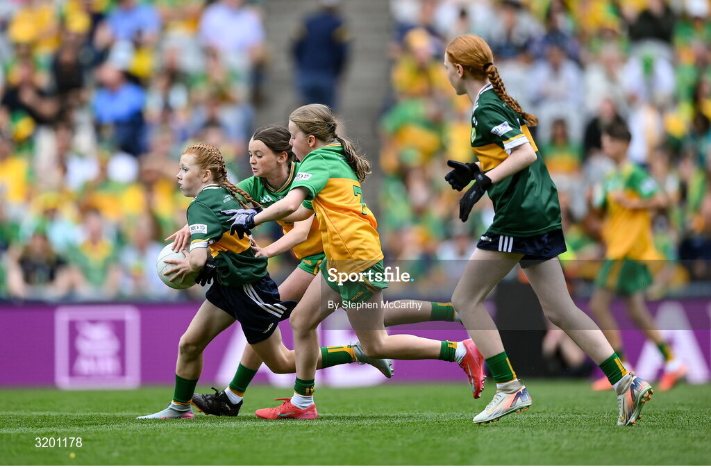 27 July 2025; Bailee Bolton, St Fiacc's NS, Graiguecullen, Laois, representing Kerry, during the GAA INTO Cumann na mBunscol Respect Exhibition Go Games at the GAA Football All-Ireland Senior Championship final match between Kerry and Donegal at Croke Park in Dublin. Photo by Stephen McCarthy/Sportsfile