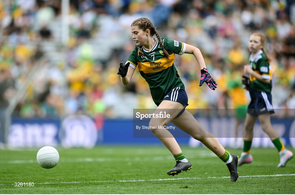 27 July 2025; Eimear Farrell, St Oliver Plunkett PS, Blackcastle, Meath, representing Kerry, during the GAA INTO Cumann na mBunscol Respect Exhibition Go Games at the GAA Football All-Ireland Senior Championship final match between Kerry and Donegal at Croke Park in Dublin. Photo by Stephen McCarthy/Sportsfile