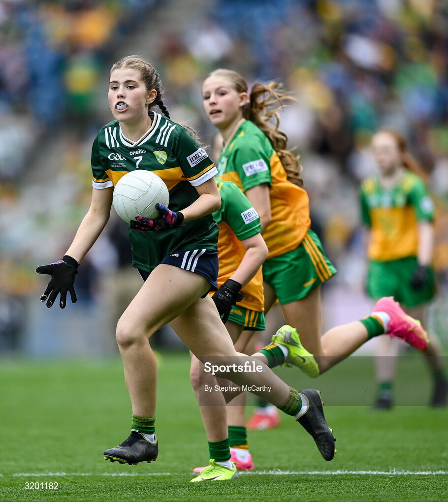 27 July 2025; Eimear Farrell, St Oliver Plunkett PS, Blackcastle, Meath, representing Kerry, during the GAA INTO Cumann na mBunscol Respect Exhibition Go Games at the GAA Football All-Ireland Senior Championship final match between Kerry and Donegal at Croke Park in Dublin. Photo by Stephen McCarthy/Sportsfile