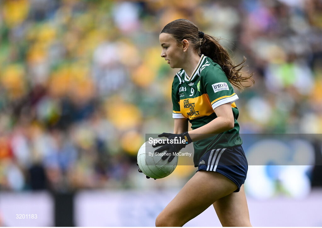 27 July 2025; Emily Kavanagh, St Colman's NS, Mucklagh, Offaly, representing Kerry, during the GAA INTO Cumann na mBunscol Respect Exhibition Go Games at the GAA Football All-Ireland Senior Championship final match between Kerry and Donegal at Croke Park in Dublin. Photo by Stephen McCarthy/Sportsfile