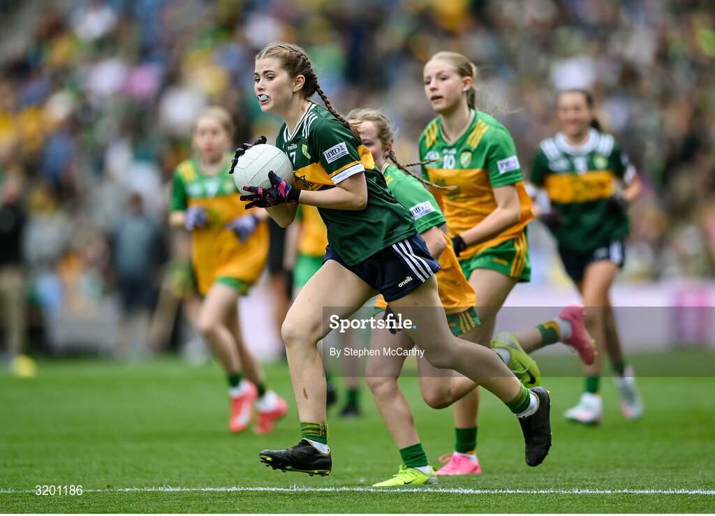 27 July 2025; Eimear Farrell, St Oliver Plunkett PS, Blackcastle, Meath, representing Kerry, during the GAA INTO Cumann na mBunscol Respect Exhibition Go Games at the GAA Football All-Ireland Senior Championship final match between Kerry and Donegal at Croke Park in Dublin. Photo by Stephen McCarthy/Sportsfile