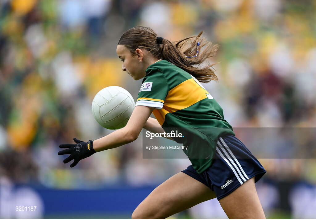 27 July 2025; Emily Kavanagh, St Colman's NS, Mucklagh, Offaly, representing Kerry, during the GAA INTO Cumann na mBunscol Respect Exhibition Go Games at the GAA Football All-Ireland Senior Championship final match between Kerry and Donegal at Croke Park in Dublin. Photo by Stephen McCarthy/Sportsfile