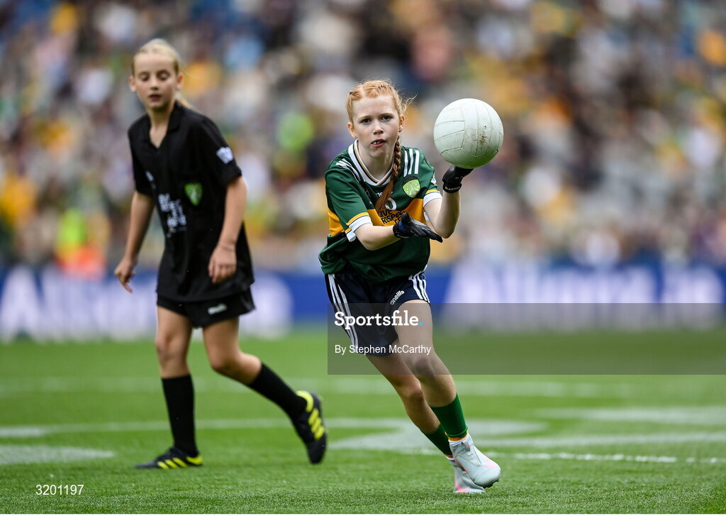 27 July 2025; Bailee Bolton, St Fiacc's NS, Graiguecullen, Laois, representing Kerry, during the GAA INTO Cumann na mBunscol Respect Exhibition Go Games at the GAA Football All-Ireland Senior Championship final match between Kerry and Donegal at Croke Park in Dublin. Photo by Stephen McCarthy/Sportsfile