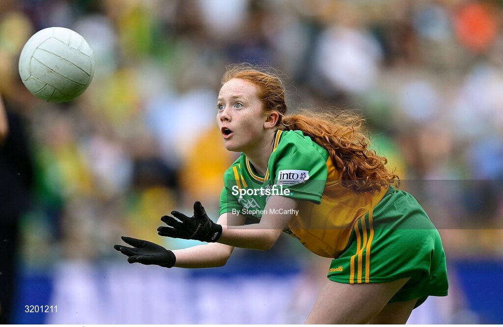 27 July 2025; Úna Kilkenny, St Mary's PS, Mullaghbawn, Armagh, representing Donegal, during the GAA INTO Cumann na mBunscol Respect Exhibition Go Games at the GAA Football All-Ireland Senior Championship final match between Kerry and Donegal at Croke Park in Dublin. Photo by Stephen McCarthy/Sportsfile
