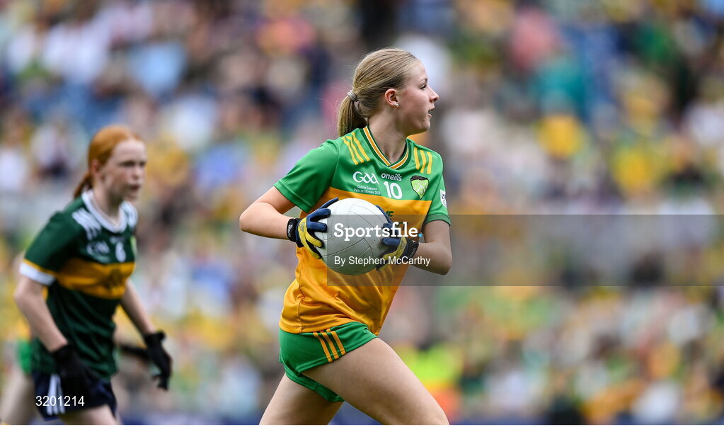 27 July 2025; Rebecca Farrell, St Patrick's NS, Castleknock, Dublin, representing Donegal, during the GAA INTO Cumann na mBunscol Respect Exhibition Go Games at the GAA Football All-Ireland Senior Championship final match between Kerry and Donegal at Croke Park in Dublin. Photo by Stephen McCarthy/Sportsfile
