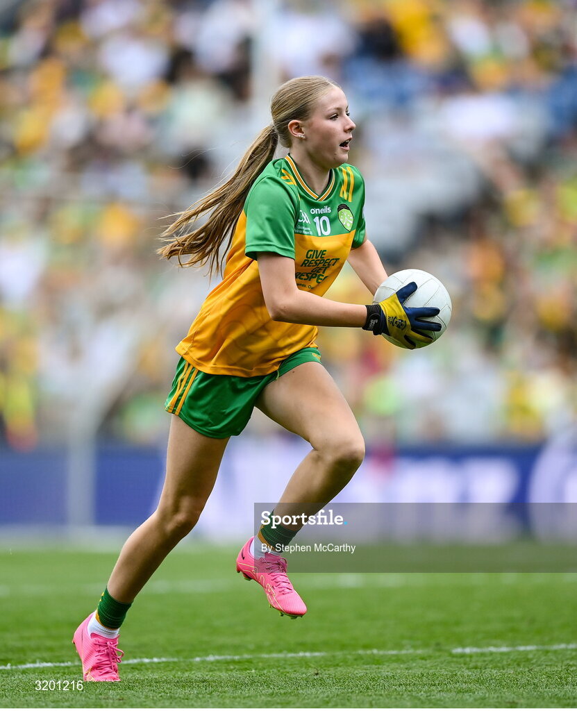 27 July 2025; Rebecca Farrell, St Patrick's NS, Castleknock, Dublin, representing Donegal, during the GAA INTO Cumann na mBunscol Respect Exhibition Go Games at the GAA Football All-Ireland Senior Championship final match between Kerry and Donegal at Croke Park in Dublin. Photo by Stephen McCarthy/Sportsfile