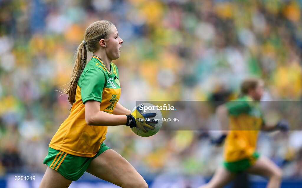 27 July 2025; Rebecca Farrell, St Patrick's NS, Castleknock, Dublin, representing Donegal, during the GAA INTO Cumann na mBunscol Respect Exhibition Go Games at the GAA Football All-Ireland Senior Championship final match between Kerry and Donegal at Croke Park in Dublin. Photo by Stephen McCarthy/Sportsfile