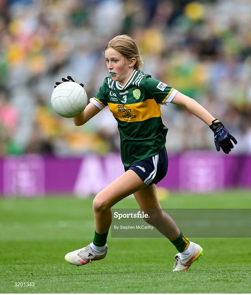 27 July 2025; Ellie Dooley, Herbertstown NS, Herbertstown, Limerick, representing Kerry, during the GAA INTO Cumann na mBunscol Respect Exhibition Go Games at the GAA Football All-Ireland Senior Championship final match between Kerry and Donegal at Croke Park in Dublin. Photo by Stephen McCarthy/Sportsfile