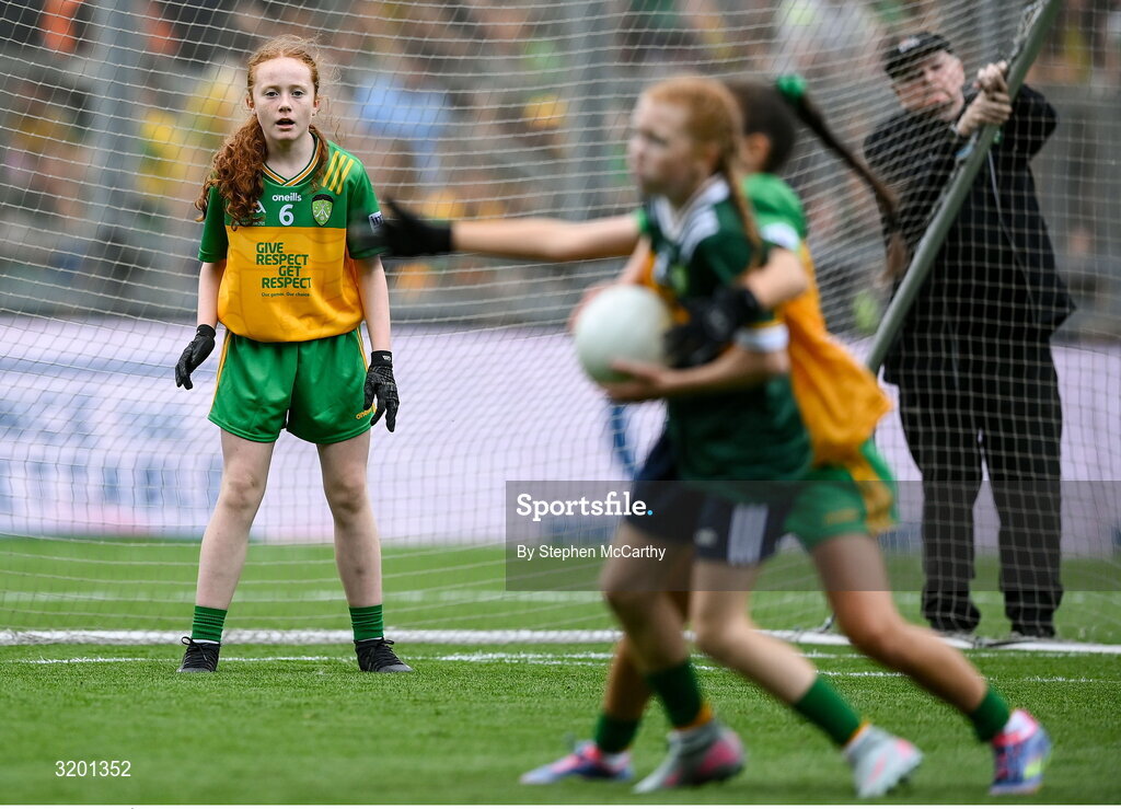 27 July 2025; Úna Kilkenny, St Mary's PS, Mullaghbawn, Armagh, representing Donegal, during the GAA INTO Cumann na mBunscol Respect Exhibition Go Games at the GAA Football All-Ireland Senior Championship final match between Kerry and Donegal at Croke Park in Dublin. Photo by Stephen McCarthy/Sportsfile