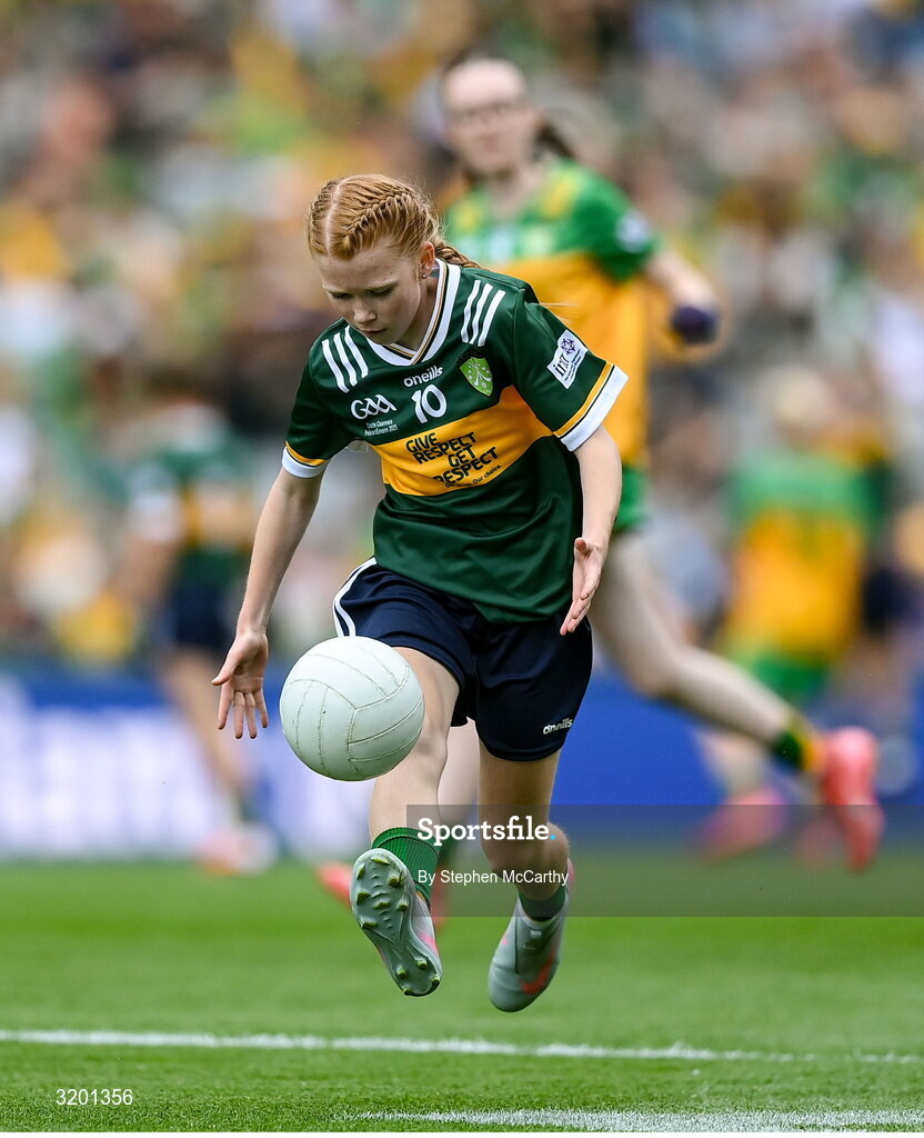 27 July 2025; Bailee Bolton, St Fiacc's NS, Graiguecullen, Laois, representing Kerry, during the GAA INTO Cumann na mBunscol Respect Exhibition Go Games at the GAA Football All-Ireland Senior Championship final match between Kerry and Donegal at Croke Park in Dublin. Photo by Stephen McCarthy/Sportsfile