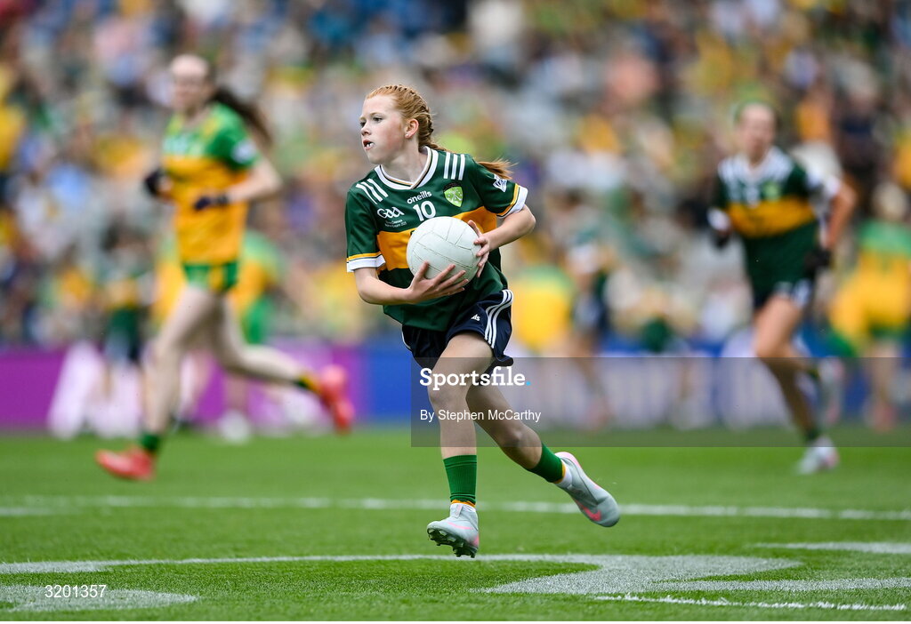 27 July 2025; Bailee Bolton, St Fiacc's NS, Graiguecullen, Laois, representing Kerry, during the GAA INTO Cumann na mBunscol Respect Exhibition Go Games at the GAA Football All-Ireland Senior Championship final match between Kerry and Donegal at Croke Park in Dublin. Photo by Stephen McCarthy/Sportsfile