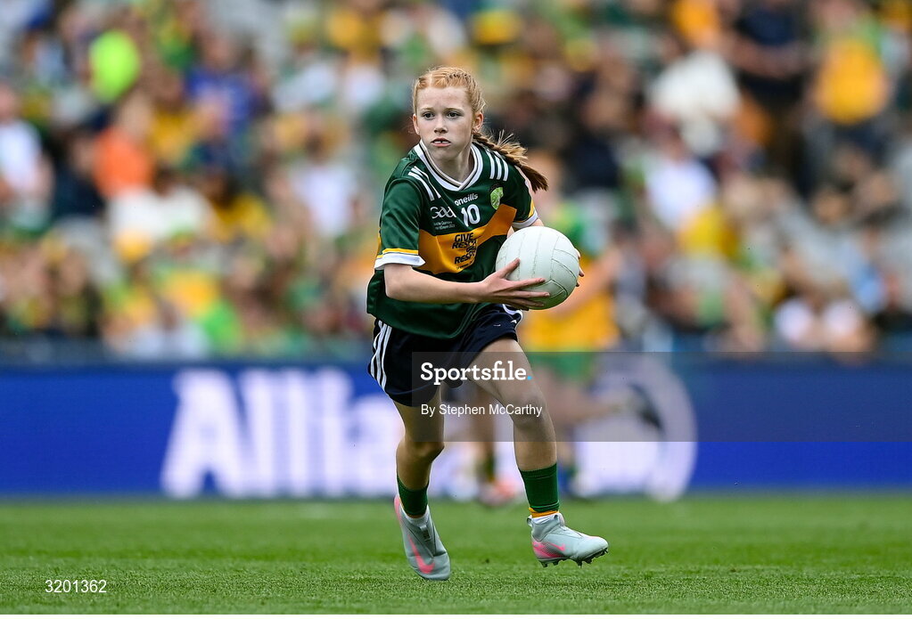 27 July 2025; Bailee Bolton, St Fiacc's NS, Graiguecullen, Laois, representing Kerry, during the GAA INTO Cumann na mBunscol Respect Exhibition Go Games at the GAA Football All-Ireland Senior Championship final match between Kerry and Donegal at Croke Park in Dublin. Photo by Stephen McCarthy/Sportsfile