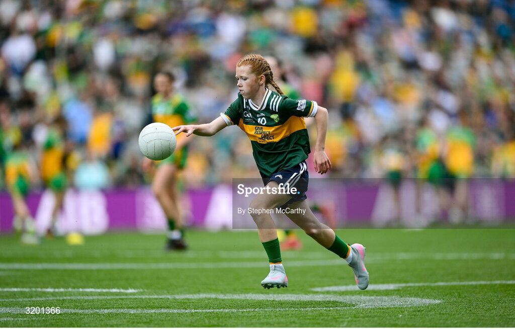 27 July 2025; Bailee Bolton, St Fiacc's NS, Graiguecullen, Laois, representing Kerry, during the GAA INTO Cumann na mBunscol Respect Exhibition Go Games at the GAA Football All-Ireland Senior Championship final match between Kerry and Donegal at Croke Park in Dublin. Photo by Stephen McCarthy/Sportsfile