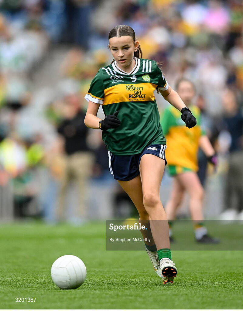 27 July 2025; Emily Kavanagh, St Colman's NS, Mucklagh, Offaly, representing Kerry, during the GAA INTO Cumann na mBunscol Respect Exhibition Go Games at the GAA Football All-Ireland Senior Championship final match between Kerry and Donegal at Croke Park in Dublin. Photo by Stephen McCarthy/Sportsfile