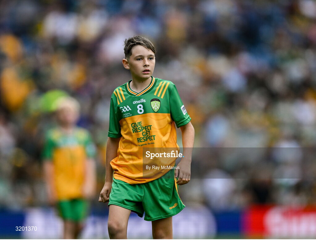 27 July 2025; Michael Harte, St Malachy's PS, Ballygawley, Tyrone, representing Donegal, during the GAA INTO Cumann na mBunscol Respect Exhibition Go Games at the GAA Football All-Ireland Senior Championship final match between Kerry and Donegal at Croke Park in Dublin. Photo by Ray McManus/Sportsfile