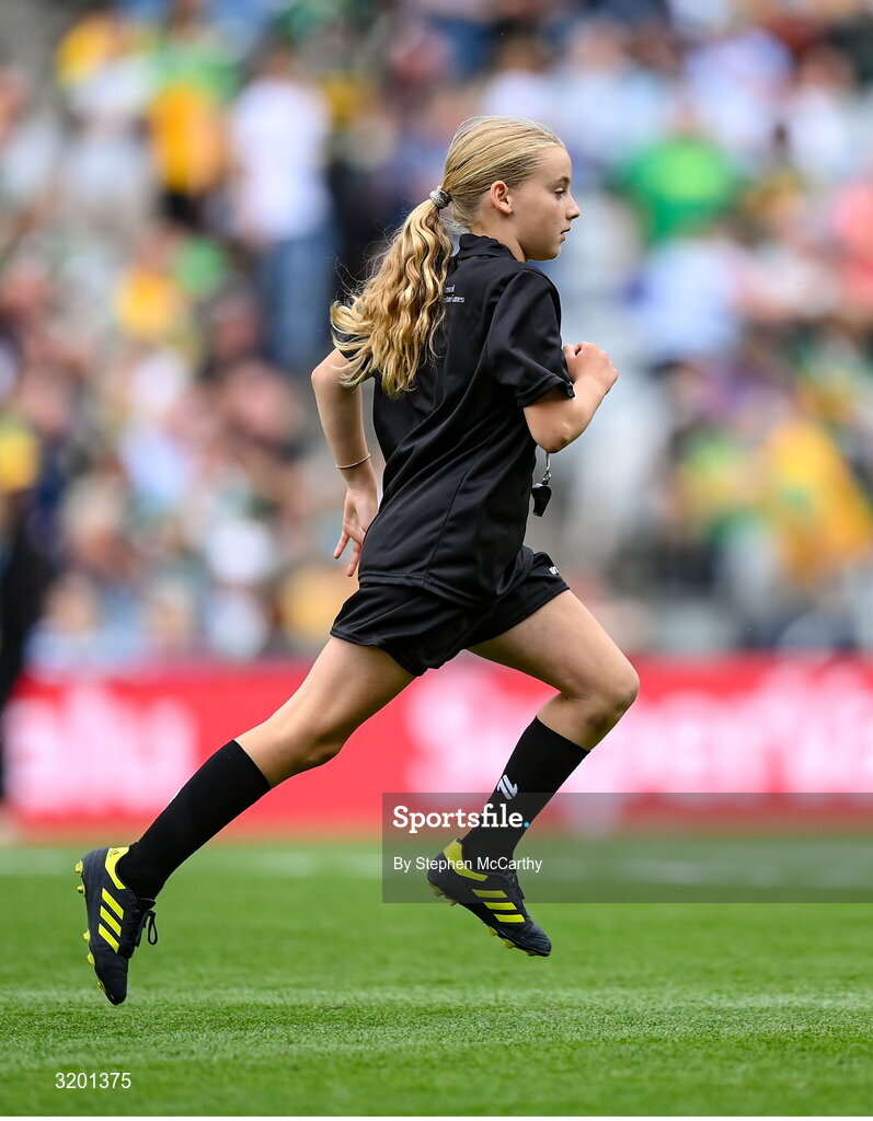 27 July 2025; Referee Kate Ryan of St Brigid's GNS, Glasnevin, Dublin, during the GAA INTO Cumann na mBunscol Respect Exhibition Go Games at the GAA Football All-Ireland Senior Championship final match between Kerry and Donegal at Croke Park in Dublin. Photo by Stephen McCarthy/Sportsfile