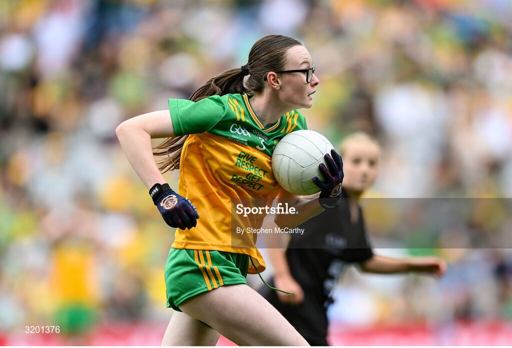 27 July 2025; Teegan Fahy, Clonberne NS, Clonberne, Galway, representing Donegal, during the GAA INTO Cumann na mBunscol Respect Exhibition Go Games at the GAA Football All-Ireland Senior Championship final match between Kerry and Donegal at Croke Park in Dublin. Photo by Stephen McCarthy/Sportsfile