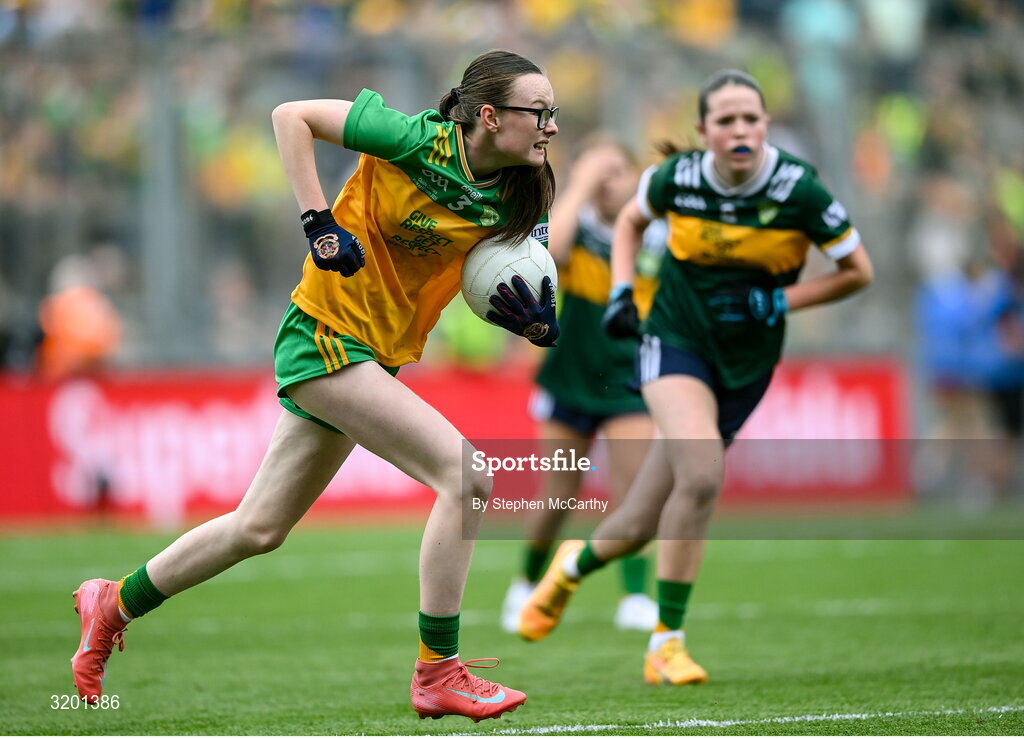 27 July 2025; Teegan Fahy, Clonberne NS, Clonberne, Galway, representing Donegal, during the GAA INTO Cumann na mBunscol Respect Exhibition Go Games at the GAA Football All-Ireland Senior Championship final match between Kerry and Donegal at Croke Park in Dublin. Photo by Stephen McCarthy/Sportsfile