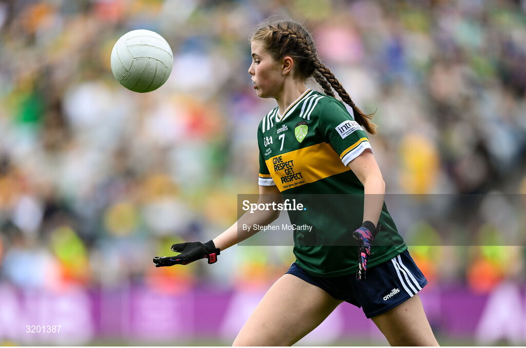 27 July 2025; Eimear Farrell, St Oliver Plunkett PS, Blackcastle, Meath, representing Kerry, during the GAA INTO Cumann na mBunscol Respect Exhibition Go Games at the GAA Football All-Ireland Senior Championship final match between Kerry and Donegal at Croke Park in Dublin. Photo by Stephen McCarthy/Sportsfile