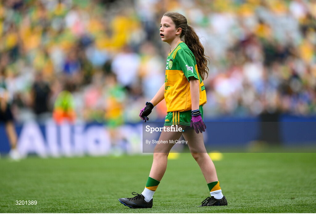 27 July 2025; Naoise O'Brien, Rathcormac NS, Sligo, representing Donegal, during the GAA INTO Cumann na mBunscol Respect Exhibition Go Games at the GAA Football All-Ireland Senior Championship final match between Kerry and Donegal at Croke Park in Dublin. Photo by Stephen McCarthy/Sportsfile