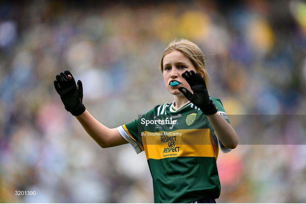 27 July 2025; Ellie Dooley, Herbertstown NS, Herbertstown, Limerick, representing Kerry, during the GAA INTO Cumann na mBunscol Respect Exhibition Go Games at the GAA Football All-Ireland Senior Championship final match between Kerry and Donegal at Croke Park in Dublin. Photo by Stephen McCarthy/Sportsfile