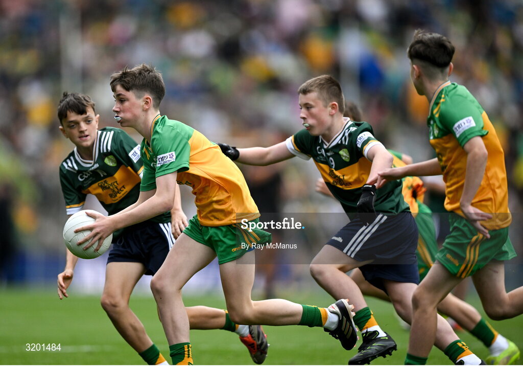 27 July 2025; Oisín Lynch, St Mary's NS, Virginia, Cavan, representing Donegal, during the GAA INTO Cumann na mBunscol Respect Exhibition Go Games at the GAA Football All-Ireland Senior Championship final match between Kerry and Donegal at Croke Park in Dublin. Photo by Ray McManus/Sportsfile