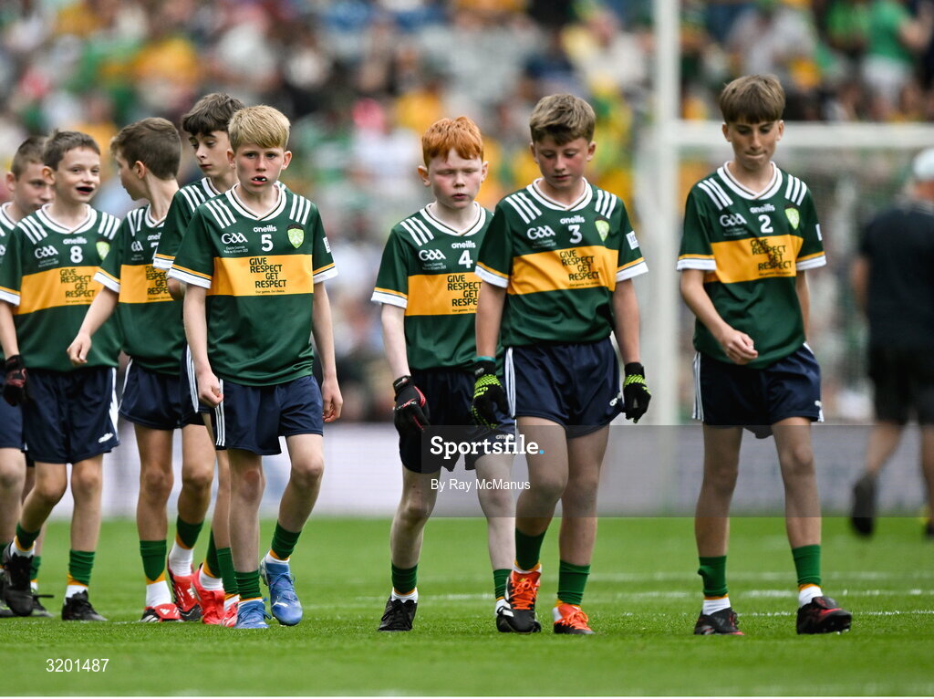 27 July 2025; The Meath boys team walk on for the GAA INTO Cumann na mBunscol Respect Exhibition Go Games at the GAA Football All-Ireland Senior Championship final match between Kerry and Donegal at Croke Park in Dublin. Photo by Ray McManus/Sportsfile