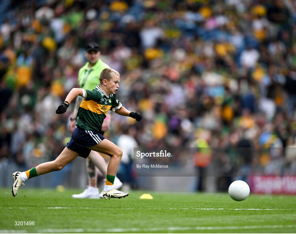 27 July 2025; Timmy Sheehan, Bishop Galvin NS, Templeogue, Dublin, representing Kerry, during the GAA INTO Cumann na mBunscol Respect Exhibition Go Games at the GAA Football All-Ireland Senior Championship final match between Kerry and Donegal at Croke Park in Dublin. Photo by Ray McManus/Sportsfile