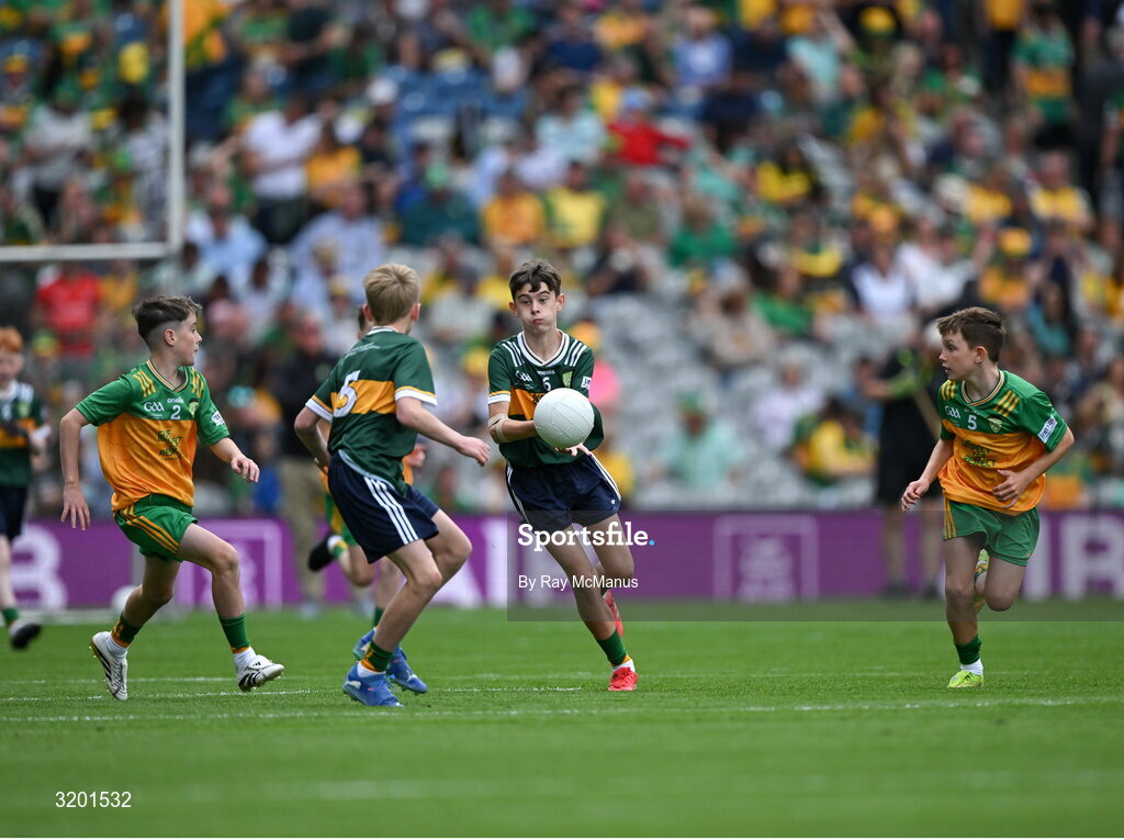 27 July 2025; Oisín Lynch, St Mary's NS, Virginia, Cavan, representing Kerry, during the GAA INTO Cumann na mBunscol Respect Exhibition Go Games at the GAA Football All-Ireland Senior Championship final match between Kerry and Donegal at Croke Park in Dublin. Photo by Ray McManus/Sportsfile