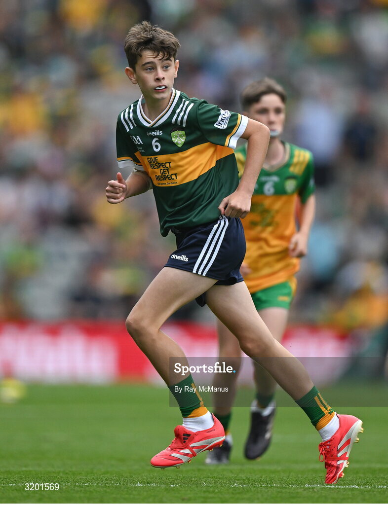 27 July 2025; Oisín Lynch, St Mary's NS, Virginia, Cavan, representing Kerry, during the GAA INTO Cumann na mBunscol Respect Exhibition Go Games at the GAA Football All-Ireland Senior Championship final match between Kerry and Donegal at Croke Park in Dublin. Photo by Ray McManus/Sportsfile