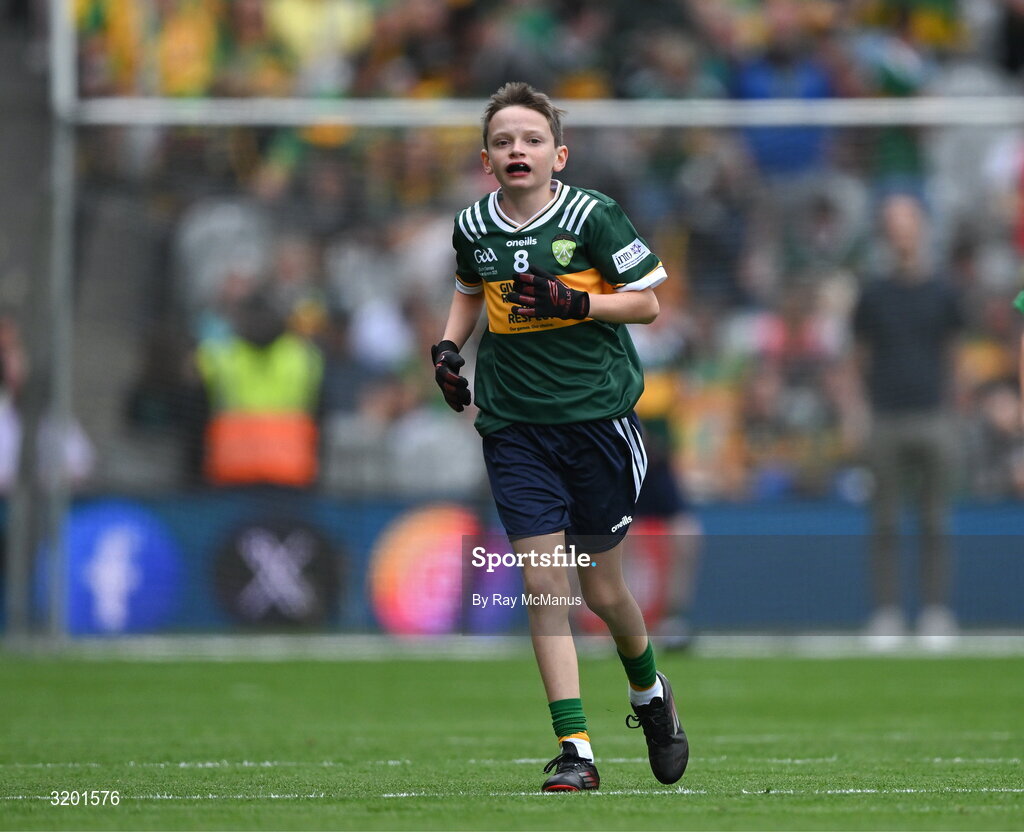 27 July 2025; Michael Harte, St Malachy's PS, Ballygawley, Tyrone, representing Kerry, during the GAA INTO Cumann na mBunscol Respect Exhibition Go Games at the GAA Football All-Ireland Senior Championship final match between Kerry and Donegal at Croke Park in Dublin. Photo by Ray McManus/Sportsfile