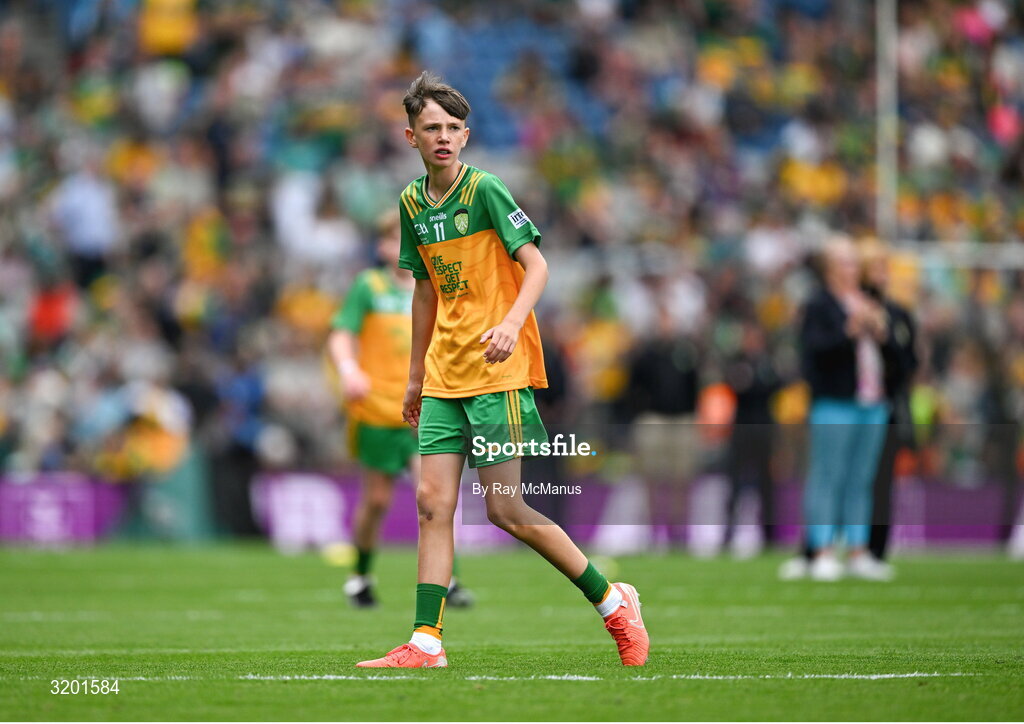 27 July 2025; Timmy Sheehan, Bishop Galvin NS, Templeogue, Dublin, representing Donegal, during the GAA INTO Cumann na mBunscol Respect Exhibition Go Games at the GAA Football All-Ireland Senior Championship final match between Kerry and Donegal at Croke Park in Dublin. Photo by Ray McManus/Sportsfile