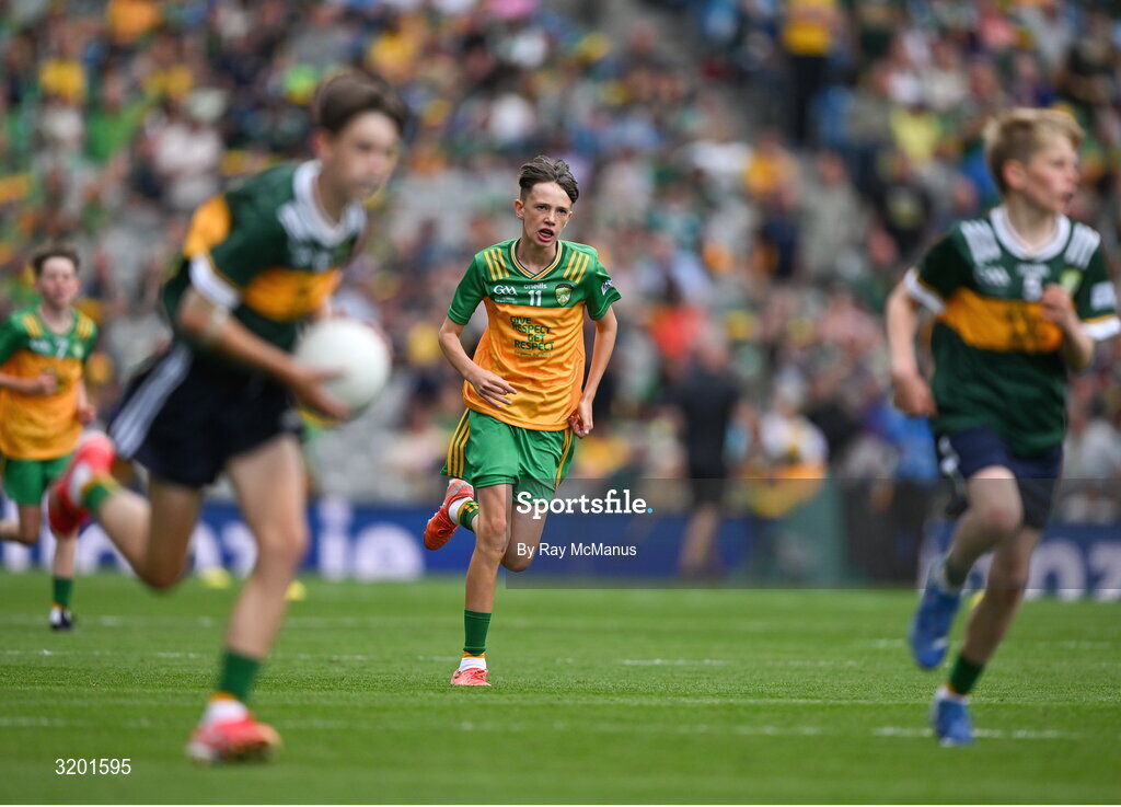 27 July 2025; Timmy Sheehan, Bishop Galvin NS, Templeogue, Dublin, representing Donegal, during the GAA INTO Cumann na mBunscol Respect Exhibition Go Games at the GAA Football All-Ireland Senior Championship final match between Kerry and Donegal at Croke Park in Dublin. Photo by Ray McManus/Sportsfile