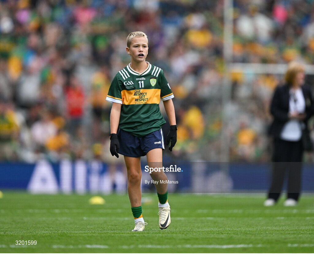 27 July 2025; CJ Burke, St Joseph's National School, Mardyke, Cork, representing Kerry, during the GAA INTO Cumann na mBunscol Respect Exhibition Go Games at the GAA Football All-Ireland Senior Championship final match between Kerry and Donegal at Croke Park in Dublin. Photo by Ray McManus/Sportsfile