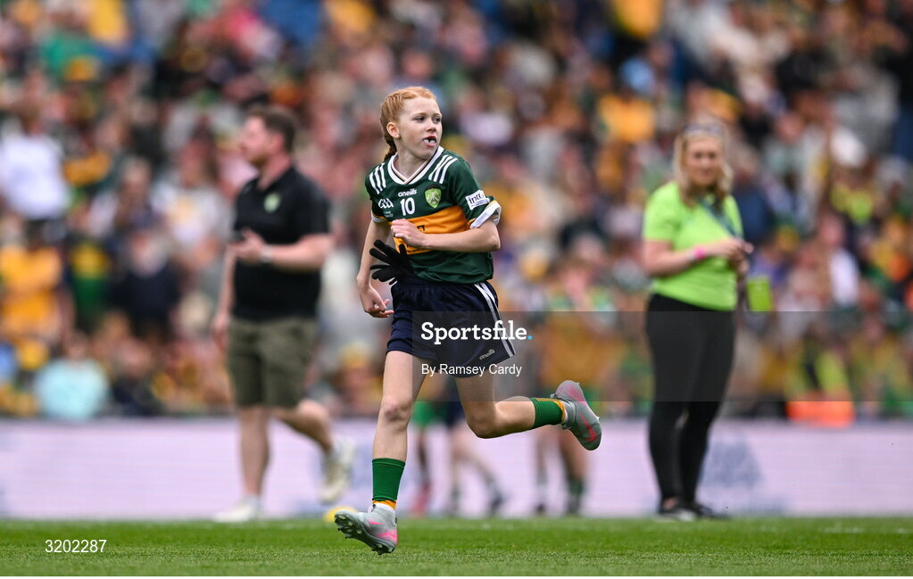 27 July 2025; Bailee Bolton, St Fiacc's NS, Graiguecullen, Laois, representing Kerry, during the GAA INTO Cumann na mBunscol Respect Exhibition Go Games at the GAA Football All-Ireland Senior Championship final match between Kerry and Donegal at Croke Park in Dublin. Photo by Ramsey Cardy/Sportsfile
