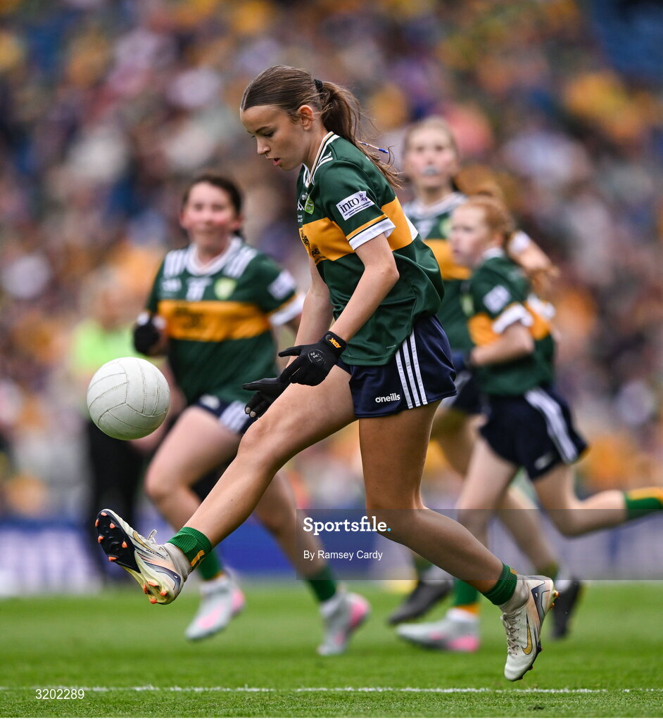 27 July 2025; Emily Kavanagh, St Colman's NS, Mucklagh, Offaly, representing Kerry, during the GAA INTO Cumann na mBunscol Respect Exhibition Go Games at the GAA Football All-Ireland Senior Championship final match between Kerry and Donegal at Croke Park in Dublin. Photo by Ramsey Cardy/Sportsfile