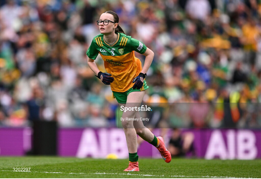 27 July 2025; Teegan Fahy, Clonberne NS, Clonberne, Galway, representing Donegal, during the GAA INTO Cumann na mBunscol Respect Exhibition Go Games at the GAA Football All-Ireland Senior Championship final match between Kerry and Donegal at Croke Park in Dublin. Photo by Ramsey Cardy/Sportsfile