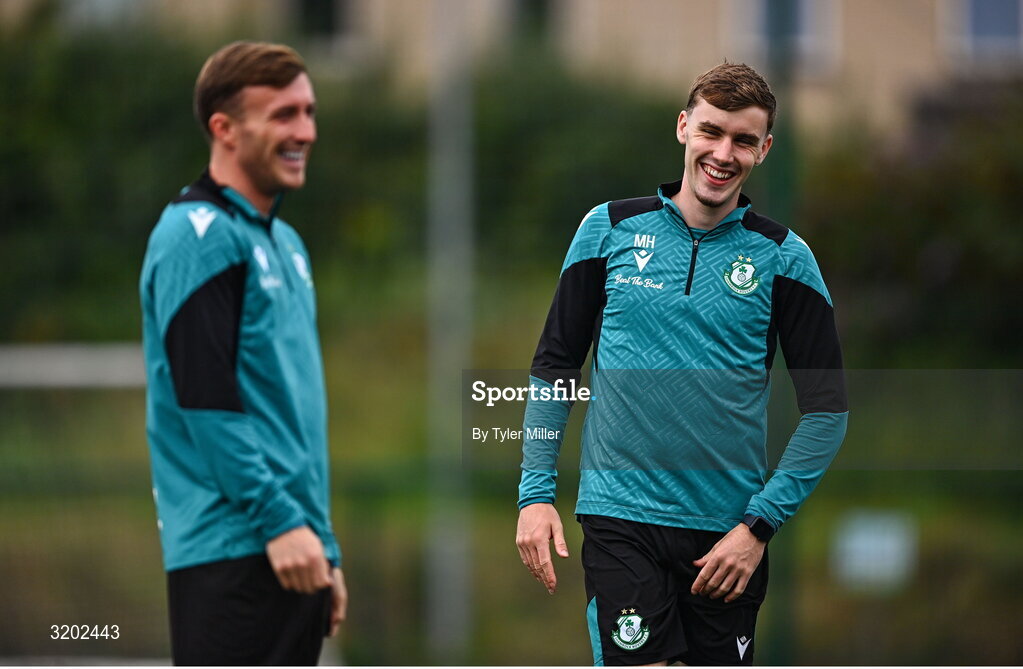 30 July 2025; Matt Healy, right, and Danny Grant during a Shamrock Rovers training session at Roadstone Group Sports Club in Dublin. Photo by Tyler Miller/Sportsfile