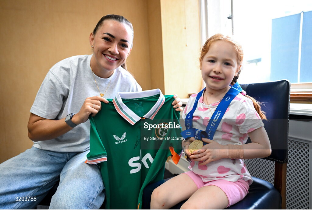 31 July 2025; Children’s Health Foundation (CHF) thanks Arsenal Player Katie McCabe for bringing smiles and Inspiration to Young Patients at Children’s Health Ireland Crumlin. Republic of Ireland captain and Arsenal star Katie McCabe made a heartwarming visit to Children’s Health Ireland (CHI) at Crumlin, meeting patient Millie and creating unforgettable memories for young patients and their families. McCabe spent time meeting patients and sharing stories of resilience both on and off the pitch. Children's Health Foundation supports the vital work of CHI hospitals and urgent care centres by funding life-saving equipment, ground-breaking research, and patient and family support services. A visit from a high-profile figure like McCabe shines a national spotlight on the importance of continued support for paediatric healthcare. McCabe’s visit highlights the powerful impact athletes can have when they connect with meaningful causes. Children’s Health Foundation thanks Katie for her continued passion and advocacy for children’s health and wellbeing. To find out more about Children’s Health Foundation or to donate log onto to  https://www.childrenshealth.ie/donate/ Photo by Stephen McCarthy/Sportsfile