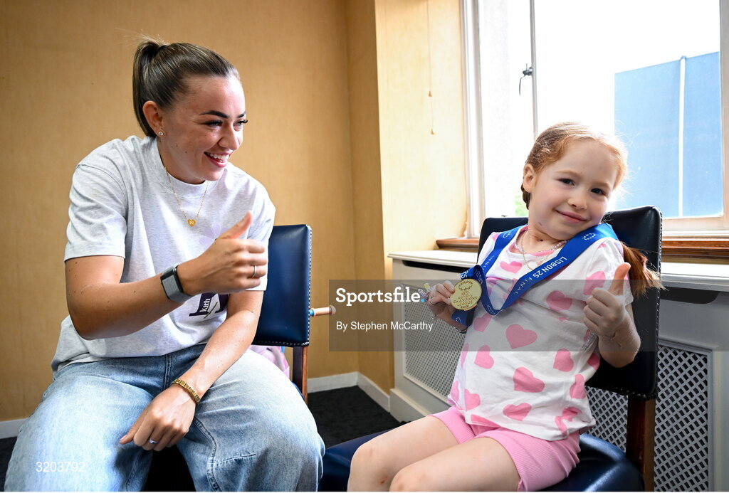 31 July 2025; Children’s Health Foundation (CHF) thanks Arsenal Player Katie McCabe for bringing smiles and Inspiration to Young Patients at Children’s Health Ireland Crumlin. Republic of Ireland captain and Arsenal star Katie McCabe made a heartwarming visit to Children’s Health Ireland (CHI) at Crumlin, meeting patient Millie and creating unforgettable memories for young patients and their families. McCabe spent time meeting patients and sharing stories of resilience both on and off the pitch. Children's Health Foundation supports the vital work of CHI hospitals and urgent care centres by funding life-saving equipment, ground-breaking research, and patient and family support services. A visit from a high-profile figure like McCabe shines a national spotlight on the importance of continued support for paediatric healthcare. McCabe’s visit highlights the powerful impact athletes can have when they connect with meaningful causes. Children’s Health Foundation thanks Katie for her continued passion and advocacy for children’s health and wellbeing. To find out more about Children’s Health Foundation or to donate log onto to  https://www.childrenshealth.ie/donate/ Photo by Stephen McCarthy/Sportsfile