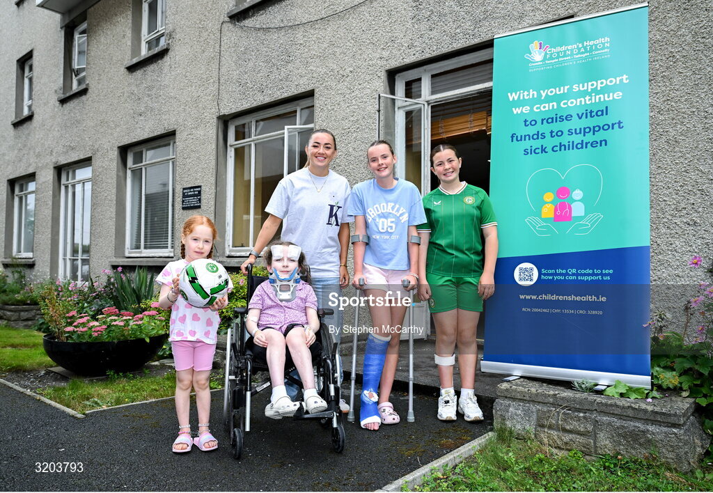 31 July 2025; Children’s Health Foundation (CHF) thanks Arsenal Player Katie McCabe for bringing smiles and Inspiration to Young Patients at Children’s Health Ireland Crumlin. Republic of Ireland captain and Arsenal star Katie McCabe made a heartwarming visit to Children’s Health Ireland (CHI) at Crumlin, meeting patients, from left, Millie, Nikki, Lilly and Grace and creating unforgettable memories for young patients and their families. McCabe spent time meeting patients and sharing stories of resilience both on and off the pitch. Children's Health Foundation supports the vital work of CHI hospitals and urgent care centres by funding life-saving equipment, ground-breaking research, and patient and family support services. A visit from a high-profile figure like McCabe shines a national spotlight on the importance of continued support for paediatric healthcare. McCabe’s visit highlights the powerful impact athletes can have when they connect with meaningful causes. Children’s Health Foundation thanks Katie for her continued passion and advocacy for children’s health and wellbeing. To find out more about Children’s Health Foundation or to donate log onto to  https://www.childrenshealth.ie/donate/ Photo by Stephen McCarthy/Sportsfile