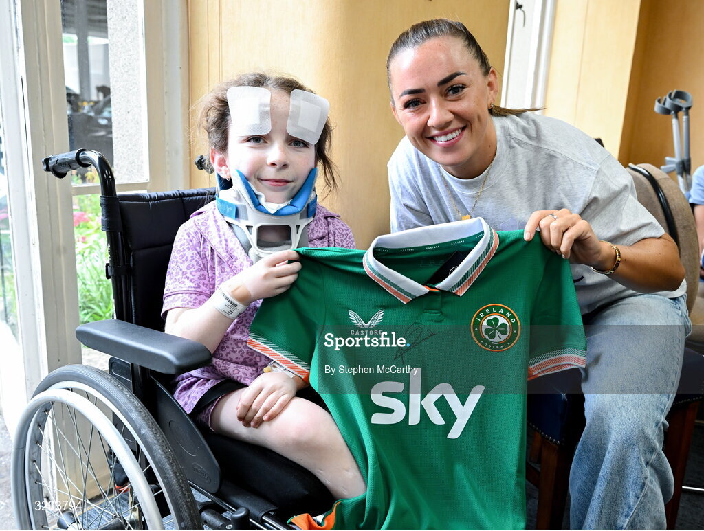 31 July 2025; Children’s Health Foundation (CHF) thanks Arsenal Player Katie McCabe for bringing smiles and Inspiration to Young Patients at Children’s Health Ireland Crumlin. Republic of Ireland captain and Arsenal star Katie McCabe made a heartwarming visit to Children’s Health Ireland (CHI) at Crumlin, meeting patient Nikki and creating unforgettable memories for young patients and their families. McCabe spent time meeting patients and sharing stories of resilience both on and off the pitch. Children's Health Foundation supports the vital work of CHI hospitals and urgent care centres by funding life-saving equipment, ground-breaking research, and patient and family support services. A visit from a high-profile figure like McCabe shines a national spotlight on the importance of continued support for paediatric healthcare. McCabe’s visit highlights the powerful impact athletes can have when they connect with meaningful causes. Children’s Health Foundation thanks Katie for her continued passion and advocacy for children’s health and wellbeing. To find out more about Children’s Health Foundation or to donate log onto to  https://www.childrenshealth.ie/donate/ Photo by Stephen McCarthy/Sportsfile