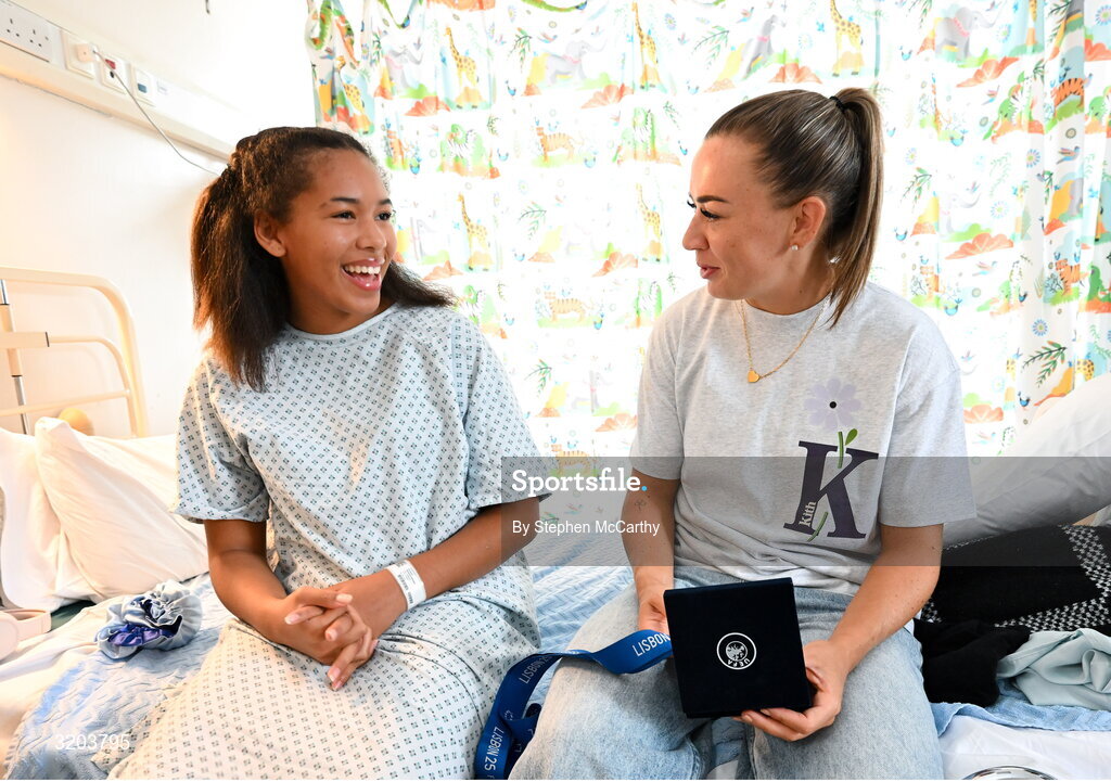 31 July 2025; Children’s Health Foundation (CHF) thanks Arsenal Player Katie McCabe for bringing smiles and Inspiration to Young Patients at Children’s Health Ireland Crumlin. Republic of Ireland captain and Arsenal star Katie McCabe made a heartwarming visit to Children’s Health Ireland (CHI) at Crumlin, meeting patient Meddinah and creating unforgettable memories for young patients and their families. McCabe spent time meeting patients and sharing stories of resilience both on and off the pitch. Children's Health Foundation supports the vital work of CHI hospitals and urgent care centres by funding life-saving equipment, ground-breaking research, and patient and family support services. A visit from a high-profile figure like McCabe shines a national spotlight on the importance of continued support for paediatric healthcare. McCabe’s visit highlights the powerful impact athletes can have when they connect with meaningful causes. Children’s Health Foundation thanks Katie for her continued passion and advocacy for children’s health and wellbeing. To find out more about Children’s Health Foundation or to donate log onto to  https://www.childrenshealth.ie/donate/ Photo by Stephen McCarthy/Sportsfile