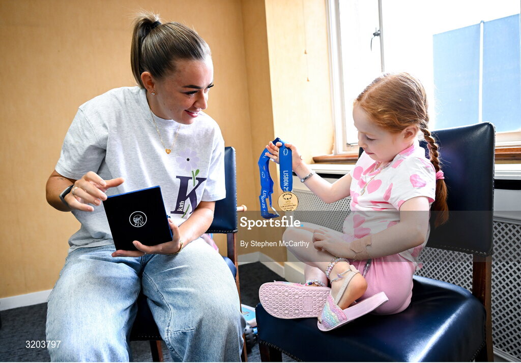 31 July 2025; Children’s Health Foundation (CHF) thanks Arsenal Player Katie McCabe for bringing smiles and Inspiration to Young Patients at Children’s Health Ireland Crumlin. Republic of Ireland captain and Arsenal star Katie McCabe made a heartwarming visit to Children’s Health Ireland (CHI) at Crumlin, meeting patient Millie and creating unforgettable memories for young patients and their families. McCabe spent time meeting patients and sharing stories of resilience both on and off the pitch. Children's Health Foundation supports the vital work of CHI hospitals and urgent care centres by funding life-saving equipment, ground-breaking research, and patient and family support services. A visit from a high-profile figure like McCabe shines a national spotlight on the importance of continued support for paediatric healthcare. McCabe’s visit highlights the powerful impact athletes can have when they connect with meaningful causes. Children’s Health Foundation thanks Katie for her continued passion and advocacy for children’s health and wellbeing. To find out more about Children’s Health Foundation or to donate log onto to  https://www.childrenshealth.ie/donate/ Photo by Stephen McCarthy/Sportsfile