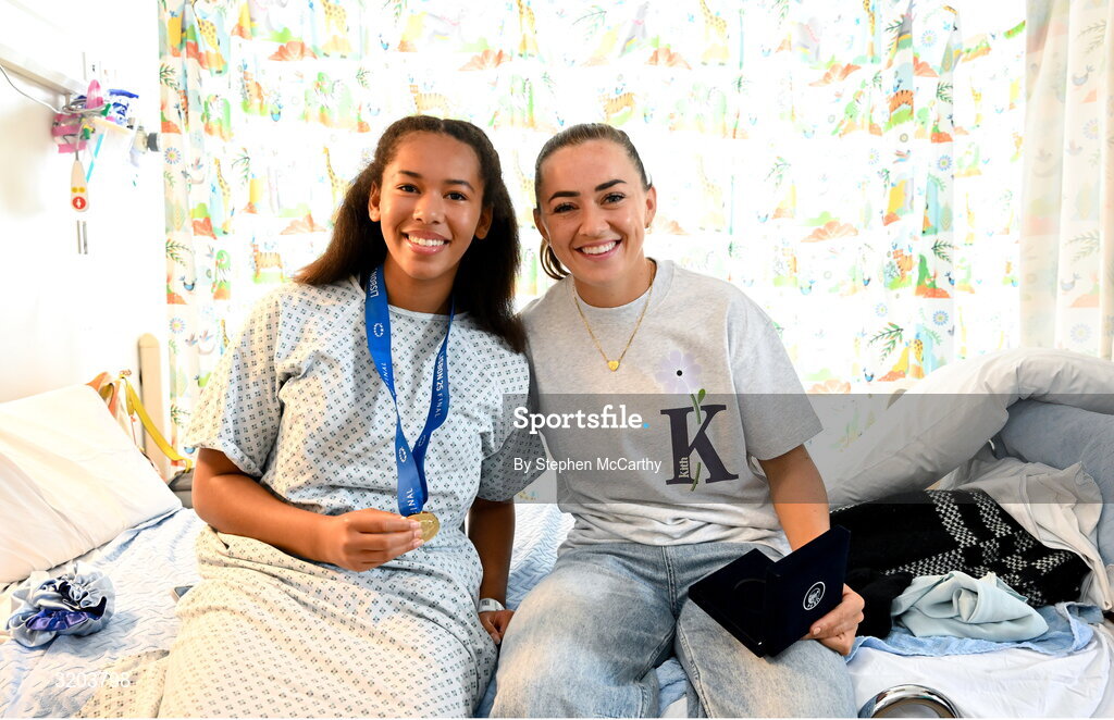 31 July 2025; Children’s Health Foundation (CHF) thanks Arsenal Player Katie McCabe for bringing smiles and Inspiration to Young Patients at Children’s Health Ireland Crumlin. Republic of Ireland captain and Arsenal star Katie McCabe made a heartwarming visit to Children’s Health Ireland (CHI) at Crumlin, meeting patient Meddinah and creating unforgettable memories for young patients and their families. McCabe spent time meeting patients and sharing stories of resilience both on and off the pitch. Children's Health Foundation supports the vital work of CHI hospitals and urgent care centres by funding life-saving equipment, ground-breaking research, and patient and family support services. A visit from a high-profile figure like McCabe shines a national spotlight on the importance of continued support for paediatric healthcare. McCabe’s visit highlights the powerful impact athletes can have when they connect with meaningful causes. Children’s Health Foundation thanks Katie for her continued passion and advocacy for children’s health and wellbeing. To find out more about Children’s Health Foundation or to donate log onto to  https://www.childrenshealth.ie/donate/ Photo by Stephen McCarthy/Sportsfile
