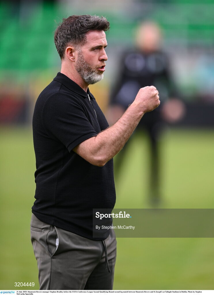 31 July 2025; Shamrock Rovers manager Stephen Bradley before the UEFA Conference League Second Qualifying Round second leg match between Shamrock Rovers and St Joseph's at Tallaght Stadium in Dublin. Photo by Stephen McCarthy/Sportsfile