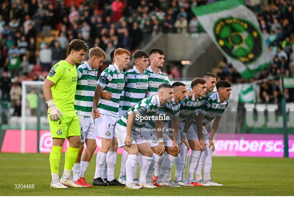 31 July 2025; The Shamrock Rovers team before the UEFA Conference League Second Qualifying Round second leg match between Shamrock Rovers and St Joseph's at Tallaght Stadium in Dublin. Photo by Stephen McCarthy/Sportsfile
