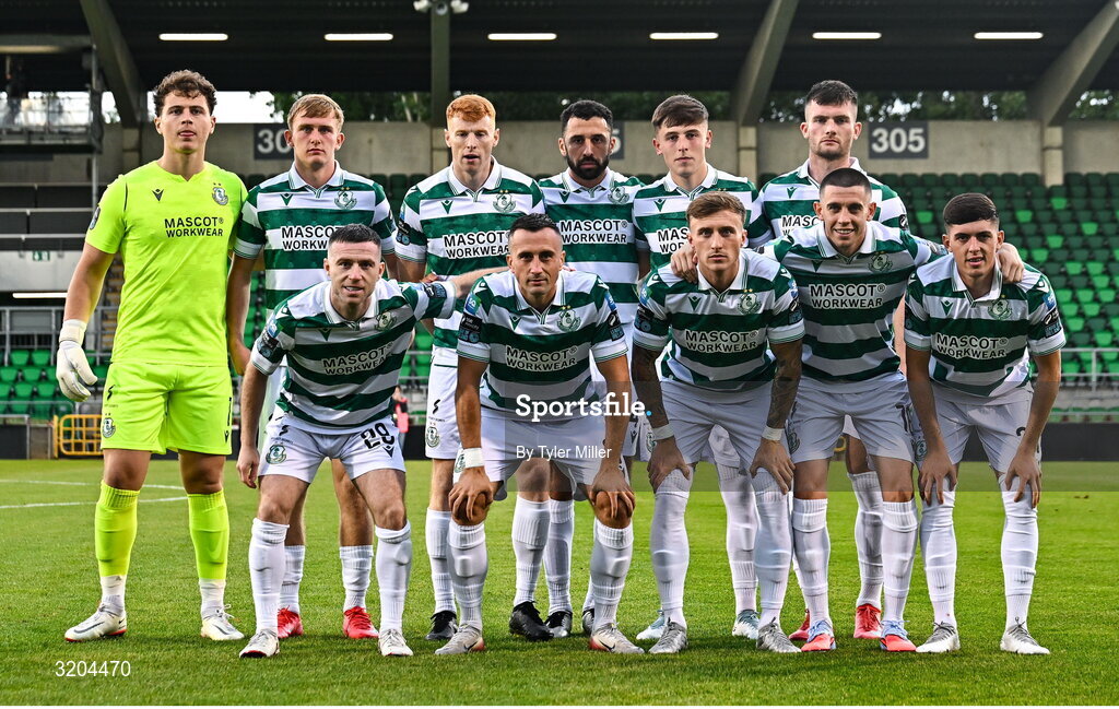 31 July 2025; The Shamrock Rovers team before the UEFA Conference League Second Qualifying Round second leg match between Shamrock Rovers and St Joseph's at Tallaght Stadium in Dublin. Photo by Tyler Miller/Sportsfile