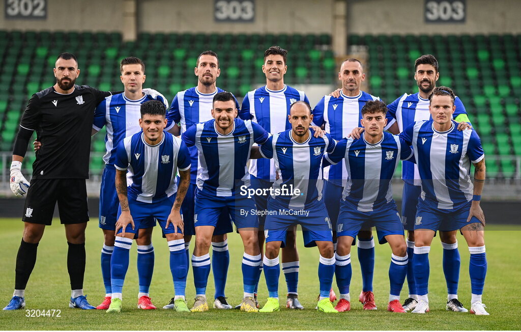 31 July 2025; The St Joesph's team before the UEFA Conference League Second Qualifying Round second leg match between Shamrock Rovers and St Joseph's at Tallaght Stadium in Dublin. Photo by Stephen McCarthy/Sportsfile